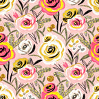 hot pink, coral pink, pale pink, yellow, gold, black, white, sage green, glitter, metallic, floral, rose, modern, whimsical, contemporary, botanical, leaves, foliage, spiral, swirls, playroom, nursery, kids room, baby girl, spring, summer, cheerful, vibrant, artistic, decorative