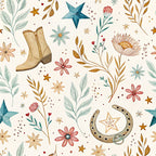 cream, tan, teal, dusty rose, coral pink, burgundy, gold, amber, floral, botanical, vintage, whimsical, bohemian, nature, celestial, stars, flowers, boots, horseshoe, feathers, leaves, branches, lucky charm, western, rustic, cottage core, autumn, spring, nursery, kids room