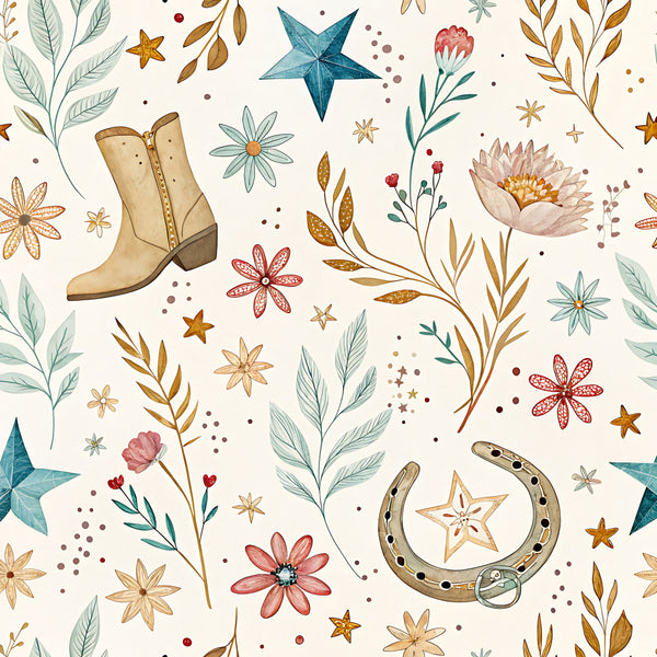 cream, tan, teal, dusty rose, coral pink, burgundy, gold, amber, floral, botanical, vintage, whimsical, bohemian, nature, celestial, stars, flowers, boots, horseshoe, feathers, leaves, branches, lucky charm, western, rustic, cottage core, autumn, spring, nursery, kids room