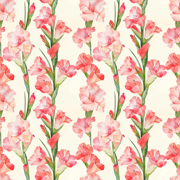 coral pink, salmon pink, blush pink, pale pink, hot pink, cream background, gladiolus, floral, botanical, nature, elegant, romantic, spring, summer, garden flowers, flowering stems, vintage floral, traditional, delicate, soft, feminine, wedding, bridal, gardening theme, flower arranging, botanical illustration, classic floral, timeless design