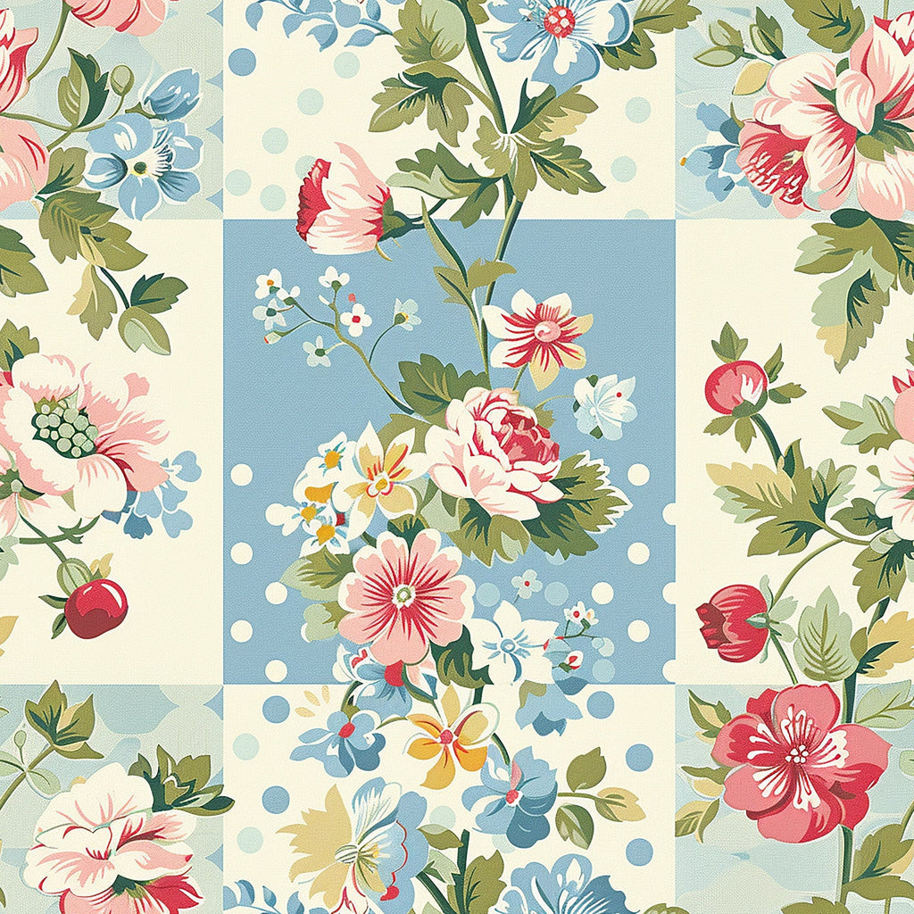 cottage core, floral pattern, vintage flowers, pink roses, blue flowers, cream background, pastel colors,, fabric panel, botanical design, patchwork blocks, soft blue, coral pink, green leaves, polka dots, romantic florals, shabby chic, spring flowers, cotton fabric, quilting material