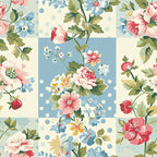 cottage core, floral pattern, vintage flowers, pink roses, blue flowers, cream background, pastel colors,, fabric panel, botanical design, patchwork blocks, soft blue, coral pink, green leaves, polka dots, romantic florals, shabby chic, spring flowers, cotton fabric, quilting material