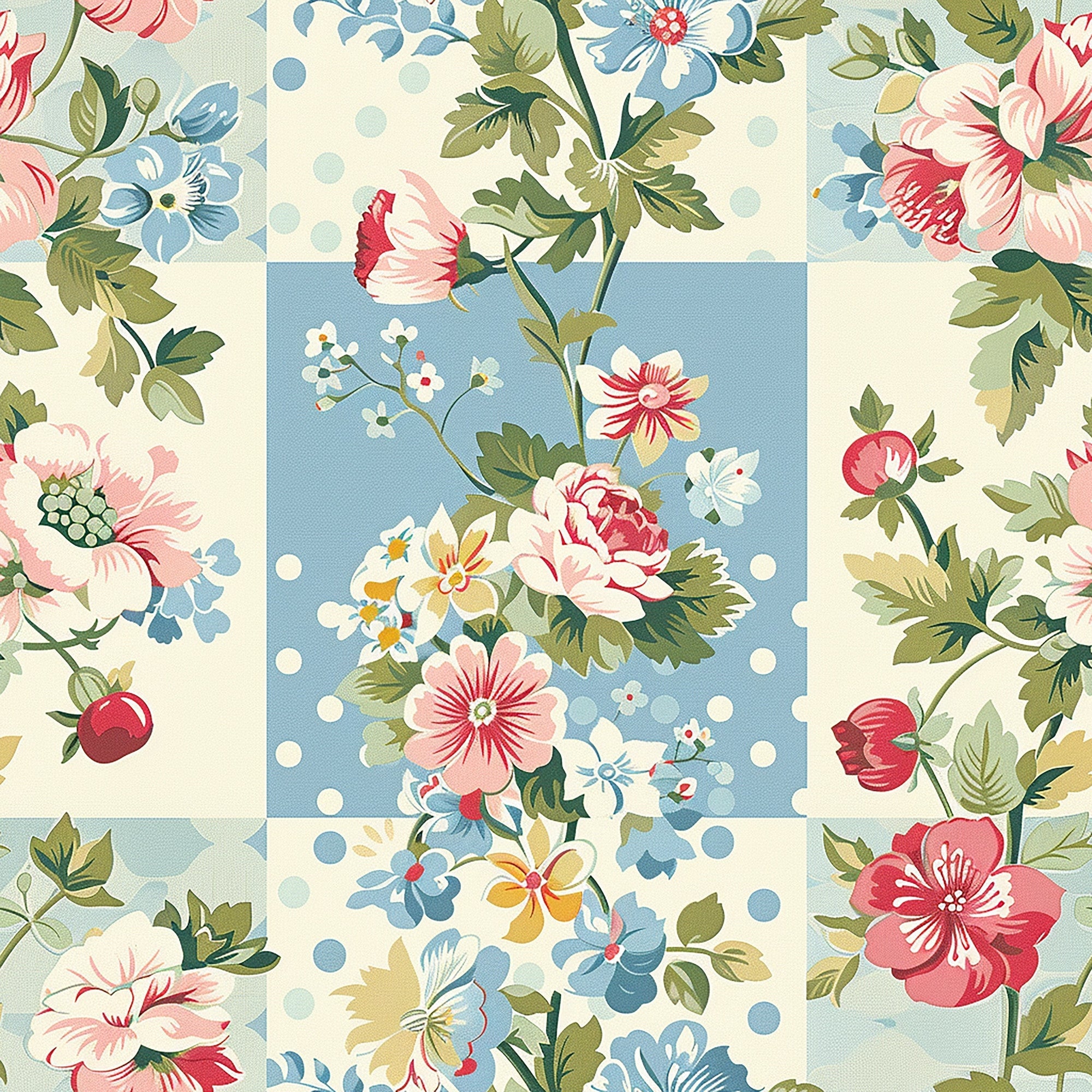 cottage core, floral pattern, vintage flowers, pink roses, blue flowers, cream background, pastel colors,, fabric panel, botanical design, patchwork blocks, soft blue, coral pink, green leaves, polka dots, romantic florals, shabby chic, spring flowers, cotton fabric, quilting material