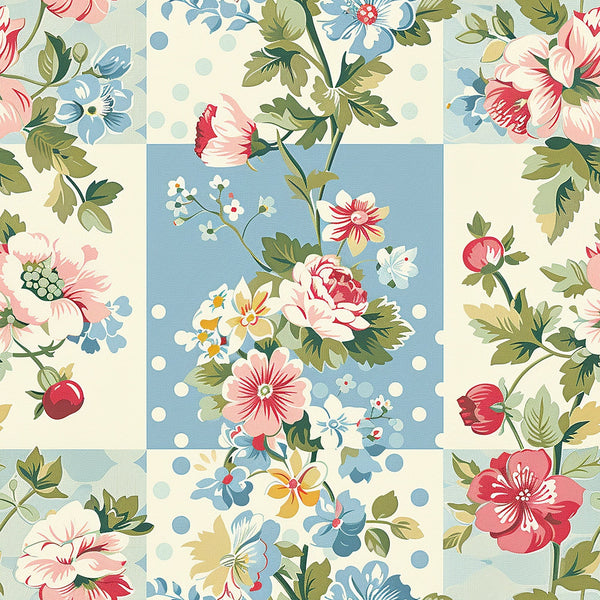 cottage core, floral pattern, vintage flowers, pink roses, blue flowers, cream background, pastel colors,, fabric panel, botanical design, patchwork blocks, soft blue, coral pink, green leaves, polka dots, romantic florals, shabby chic, spring flowers, cotton fabric, quilting material