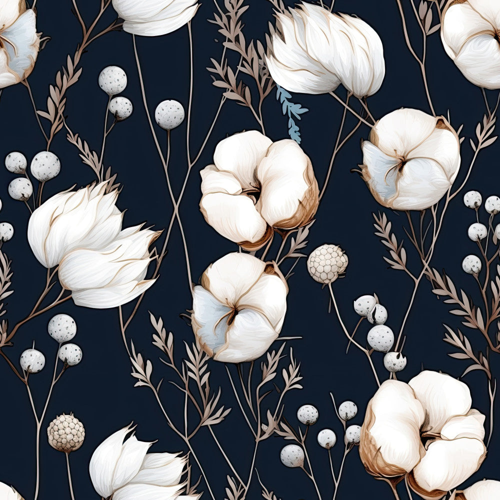 navy blue background, ivory, cream, white, tan, brown, cotton bolls, botanical, floral, nature, botanical print, rustic, elegant, farmhouse, vintage, natural elements, berries, seed pods, delicate branches, fern leaves, dried flowers, neutral tones, earthy tones, boho, bohemian, sophisticated, calming, gentle, spring, summer