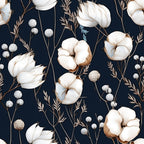 navy blue background, ivory, cream, white, tan, brown, cotton bolls, botanical, floral, nature, botanical print, rustic, elegant, farmhouse, vintage, natural elements, berries, seed pods, delicate branches, fern leaves, dried flowers, neutral tones, earthy tones, boho, bohemian, sophisticated, calming, gentle, spring, summer