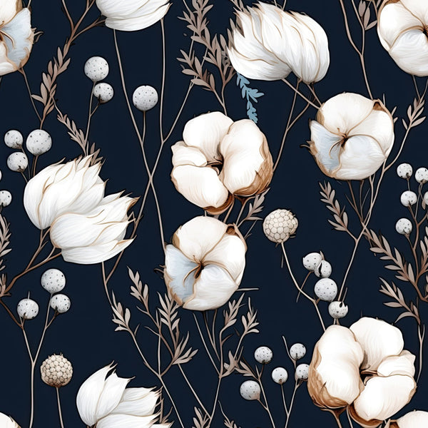 navy blue background, ivory, cream, white, tan, brown, cotton bolls, botanical, floral, nature, botanical print, rustic, elegant, farmhouse, vintage, natural elements, berries, seed pods, delicate branches, fern leaves, dried flowers, neutral tones, earthy tones, boho, bohemian, sophisticated, calming, gentle, spring, summer