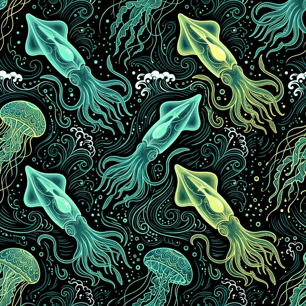 cyan blue, turquoise, lime green, yellow-green, neon yellow, black, white, bioluminescent, glow-in-the-dark, squid, octopus, jellyfish, nautical, ocean, deep sea, marine life, celestial, cosmic, underwater, whimsical, magical, fantasy, ornate, decorative, swirling, psychedelic, modern, contemporary, kids room, playroom