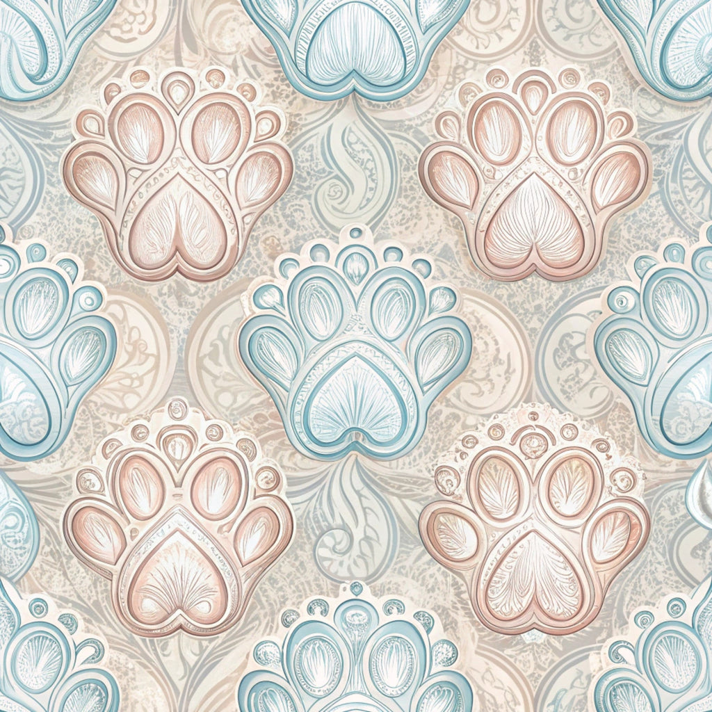 dog paws, paw prints, beige, dusty rose, sage green, soft blue, paisley pattern, ornate design, decorative motifs,, fabric panel, pet themed, intricate details, vintage style, elegant pattern, repeating design, animal prints, textured appearance, craft fabric, sewing material