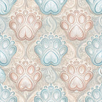dog paws, paw prints, beige, dusty rose, sage green, soft blue, paisley pattern, ornate design, decorative motifs,, fabric panel, pet themed, intricate details, vintage style, elegant pattern, repeating design, animal prints, textured appearance, craft fabric, sewing material