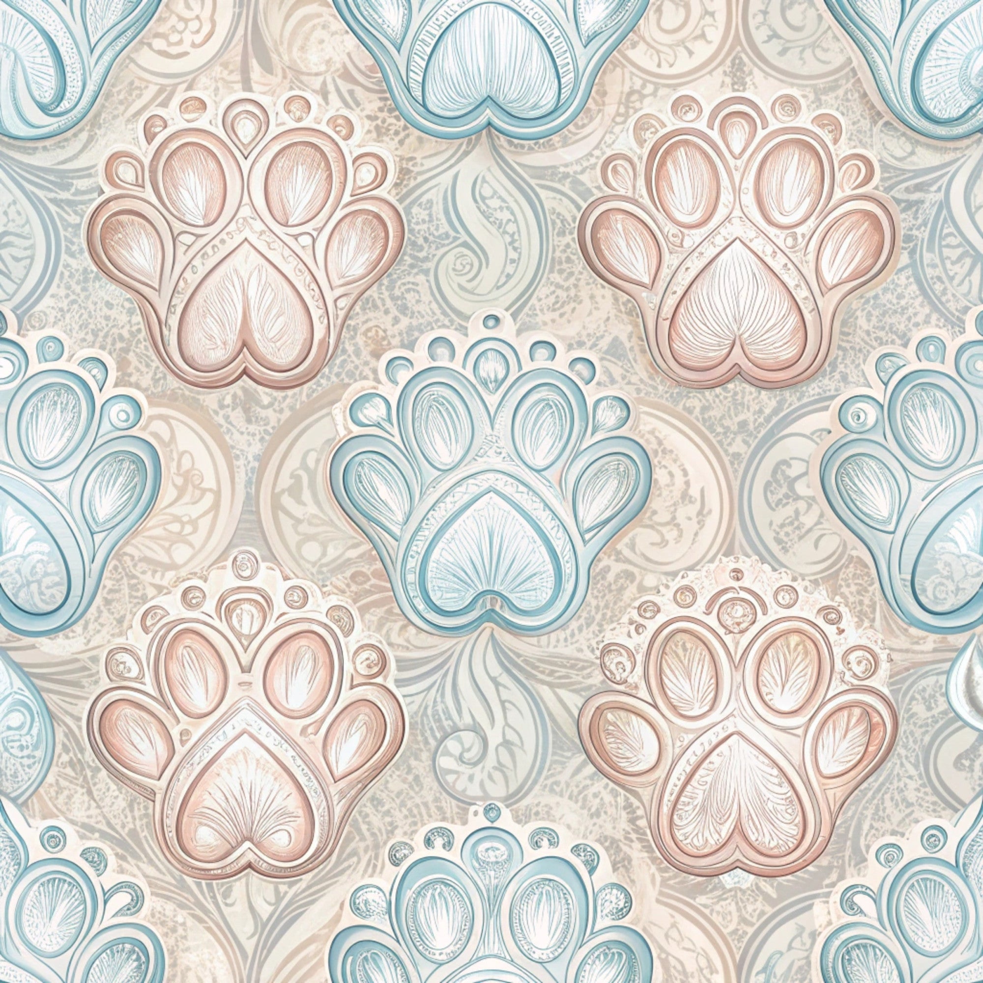 dog paws, paw prints, beige, dusty rose, sage green, soft blue, paisley pattern, ornate design, decorative motifs,, fabric panel, pet themed, intricate details, vintage style, elegant pattern, repeating design, animal prints, textured appearance, craft fabric, sewing material