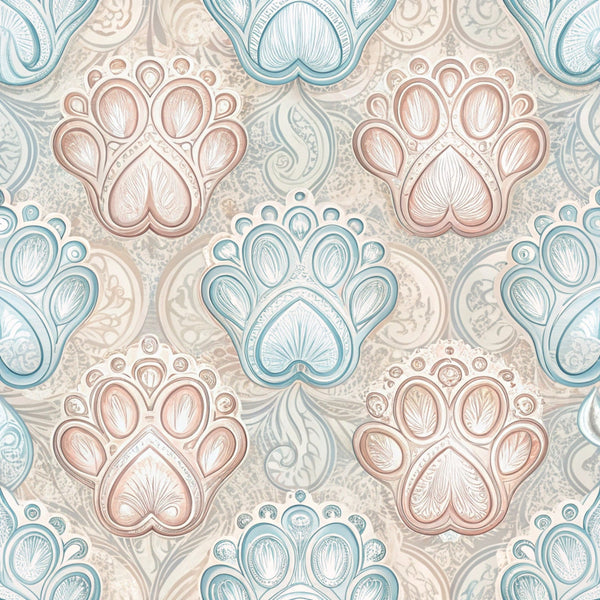 dog paws, paw prints, beige, dusty rose, sage green, soft blue, paisley pattern, ornate design, decorative motifs,, fabric panel, pet themed, intricate details, vintage style, elegant pattern, repeating design, animal prints, textured appearance, craft fabric, sewing material