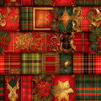 red, green, gold, christmas,, fabric panel, tartan plaid, poinsettia, holly leaves, ornate scrollwork, baroque flourishes, holiday motifs, festive colors, decorative squares, botanical elements, geometric patterns, rich textures, seasonal fabric, patchwork design, metallic accents