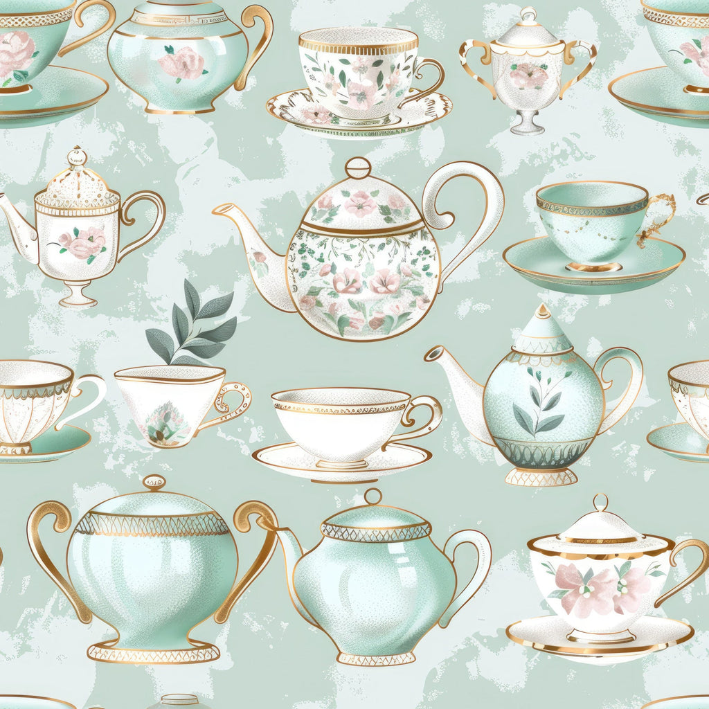 mint green, sage green, gold accents, pink florals, teacups, teapots, sugar bowls, floral motifs, vintage china, elegant handles, delicate patterns, tea party theme, botanical elements, leaves, watercolor style, whimsical design,, fabric panel, pastel palette, porcelain style