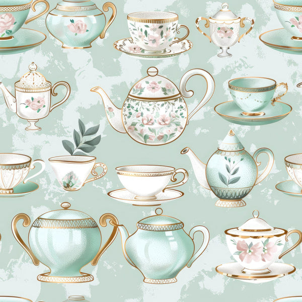 mint green, sage green, gold accents, pink florals, teacups, teapots, sugar bowls, floral motifs, vintage china, elegant handles, delicate patterns, tea party theme, botanical elements, leaves, watercolor style, whimsical design,, fabric panel, pastel palette, porcelain style