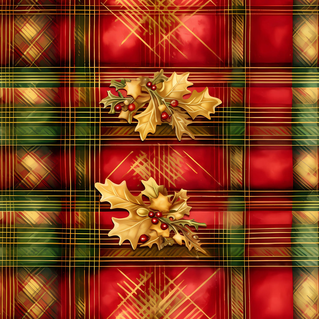 red, green, gold, plaid pattern, tartan design, holly leaves, red berries, christmas motif, festive design,, fabric panel, geometric stripes, seasonal decor, winter theme, holiday fabric, botanical elements, layered pattern, warm colors, rectangular blocks