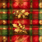 red, green, gold, plaid pattern, tartan design, holly leaves, red berries, christmas motif, festive design,, fabric panel, geometric stripes, seasonal decor, winter theme, holiday fabric, botanical elements, layered pattern, warm colors, rectangular blocks
