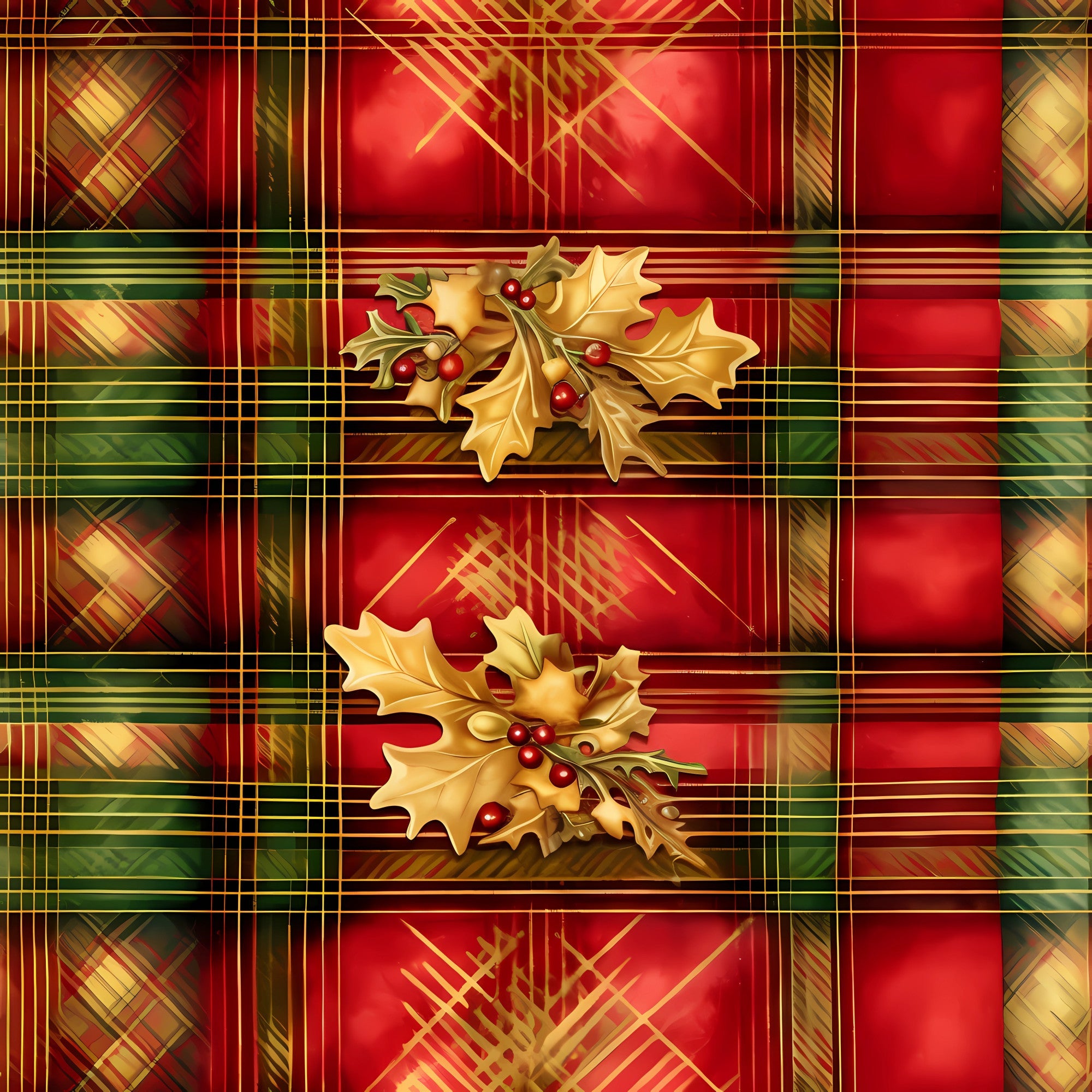 red, green, gold, plaid pattern, tartan design, holly leaves, red berries, christmas motif, festive design,, fabric panel, geometric stripes, seasonal decor, winter theme, holiday fabric, botanical elements, layered pattern, warm colors, rectangular blocks
