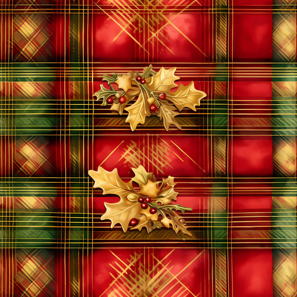 red, green, gold, plaid pattern, tartan design, holly leaves, red berries, christmas motif, festive design,, fabric panel, geometric stripes, seasonal decor, winter theme, holiday fabric, botanical elements, layered pattern, warm colors, rectangular blocks