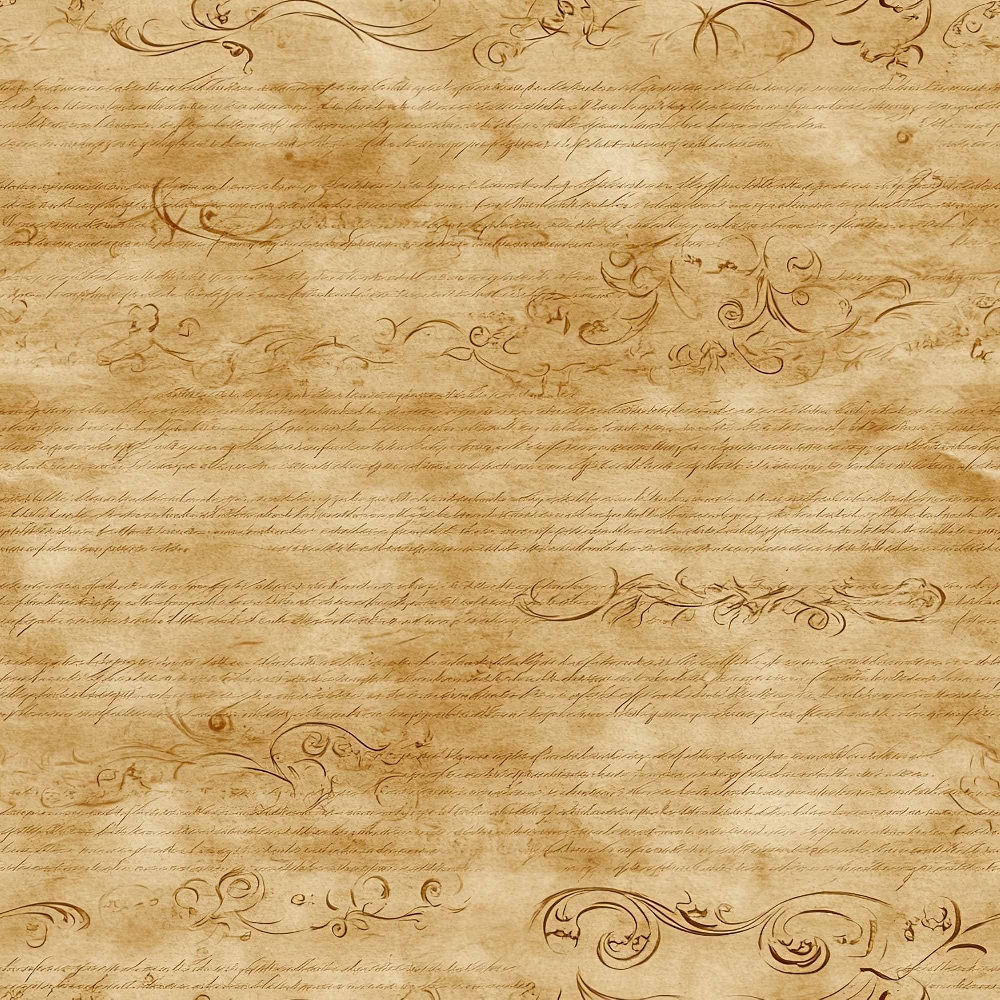 aged parchment, antique script, sepia brown, cream beige, handwritten text, ornate flourishes, decorative swirls, vintage calligraphy, weathered paper, coffee stained, manuscript style, old world,, fabric panel, neutral tones, cursive writing, aged document, brown ink, historical pattern, distressed texture