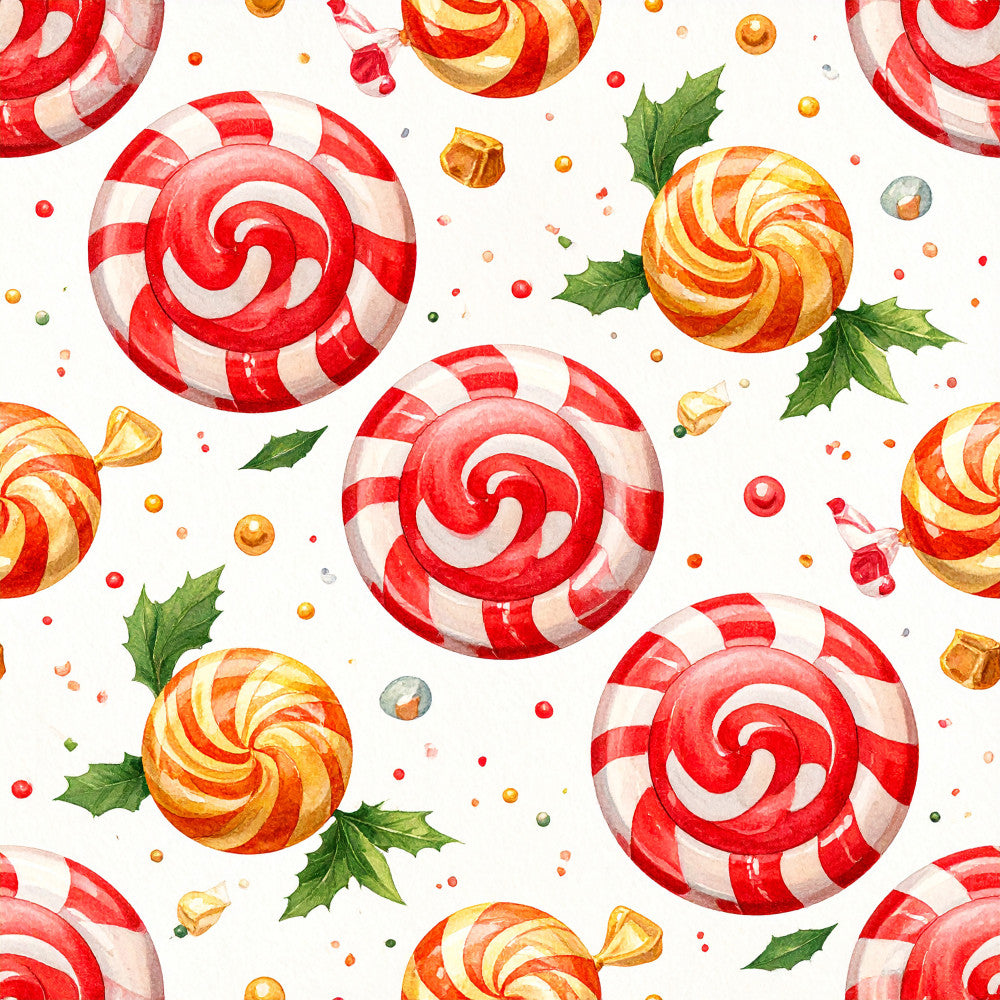 candy lollipop, red and white striped, gold lollipop, holly leaves, peppermint swirl, christmas, holiday, festive, whimsical, playroom, kids room, children's, bright red, cream white, golden yellow, candy cane, swirl pattern, dessert theme, treat themed, christmas candy, seasonal, winter holiday, fun and playful, traditional christmas, candy stripe, geometric swirl, golden bells, colorful candies, cheerful, vibrant
