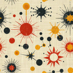 retro starburst, mid-century modern, atomic design, orange, red, black, cream background, geometric shapes, radiating lines, celestial motifs, vintage style, space age, sunburst pattern, connected circles,, fabric panel, 1950s inspired, modernist pattern, abstract design, textile art