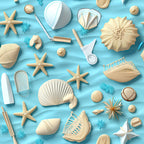 turquoise blue, cream beige, seashells, starfish, sand dollars, sea urchins, beach umbrella, flip flops, coastal pattern, ocean themed, nautical design, summer vibes, marine life,, fabric panel, tropical elements, seaside motifs, vacation style, aqua background, beach accessories