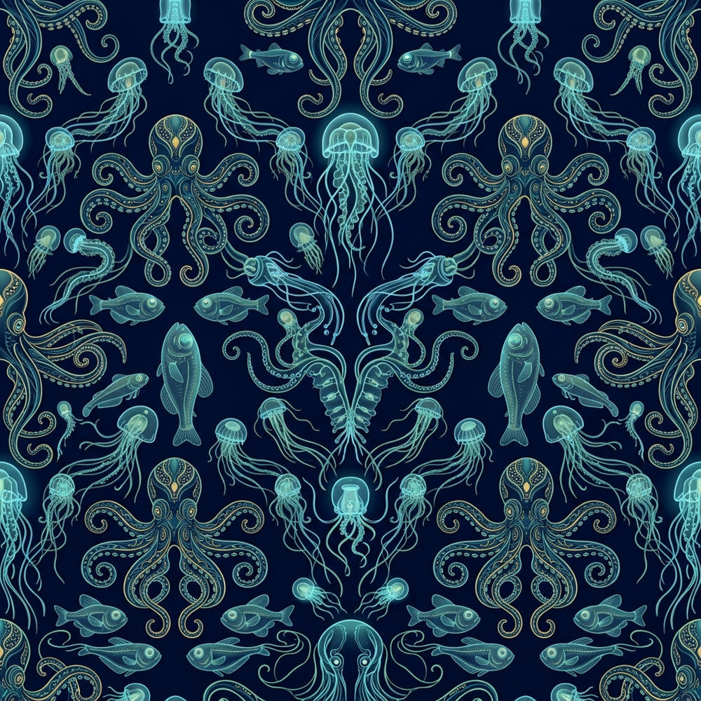 navy blue, turquoise, teal, seafoam green, gold accents, deep sea, ocean, nautical, marine life, octopus, jellyfish, fish, squid, sea creatures, underwater, whimsical, elegant, ornate, decorative, victorian, steampunk, celestial, mystical, nature-inspired, vintage, artistic, boys room, kids room, nursery, playroom