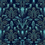 navy blue, turquoise, teal, seafoam green, gold accents, deep sea, ocean, nautical, marine life, octopus, jellyfish, fish, squid, sea creatures, underwater, whimsical, elegant, ornate, decorative, victorian, steampunk, celestial, mystical, nature-inspired, vintage, artistic, boys room, kids room, nursery, playroom