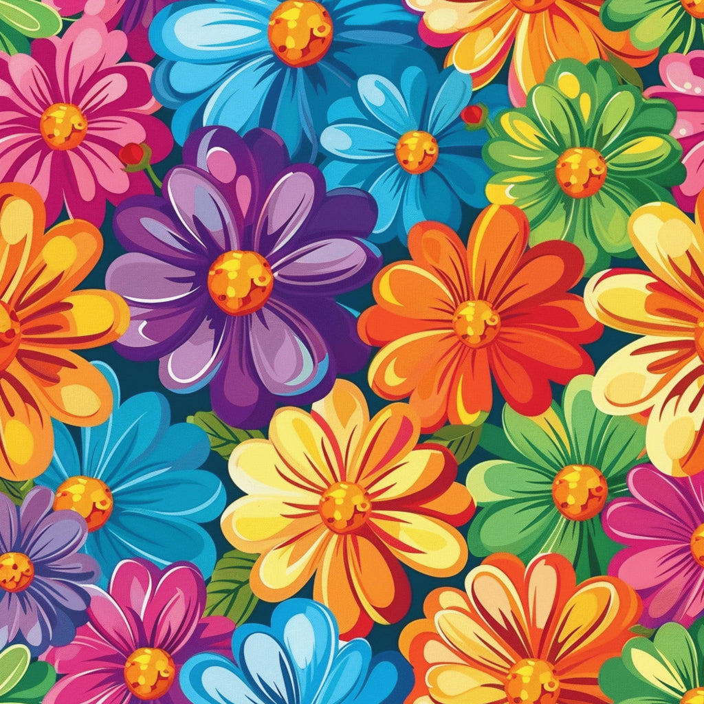 rainbow flowers, hippie style, retro floral, bright colors, pink flowers, blue flowers, orange flowers, purple flowers, green flowers, yellow flowers, daisy pattern, flower power, psychedelic design, vibrant blooms,, fabric panel, groovy aesthetic, colorful petals, cheerful mood, spring flowers