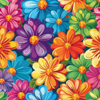 rainbow flowers, hippie style, retro floral, bright colors, pink flowers, blue flowers, orange flowers, purple flowers, green flowers, yellow flowers, daisy pattern, flower power, psychedelic design, vibrant blooms,, fabric panel, groovy aesthetic, colorful petals, cheerful mood, spring flowers