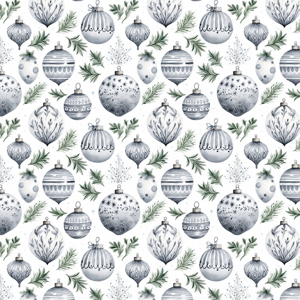 silver, gray, white, sage green, metallic, christmas ornaments, holiday, winter, festive, evergreen branches, pine needles, elegant, sophisticated, traditional, ornament pattern, geometric designs, striped ornaments, polka dot ornaments, decorative balls, seasonal, christmas decor, home decor, timeless, classic, neutral tones, sparkly, metallic accents, winter wonderland, holiday cheer