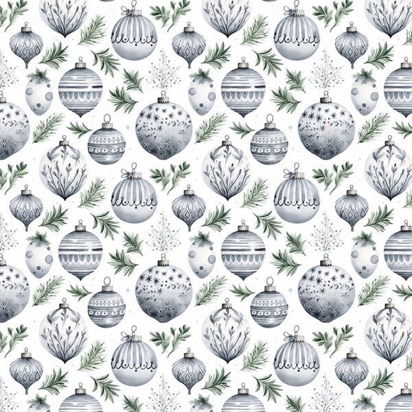 silver, gray, white, sage green, metallic, christmas ornaments, holiday, winter, festive, evergreen branches, pine needles, elegant, sophisticated, traditional, ornament pattern, geometric designs, striped ornaments, polka dot ornaments, decorative balls, seasonal, christmas decor, home decor, timeless, classic, neutral tones, sparkly, metallic accents, winter wonderland, holiday cheer