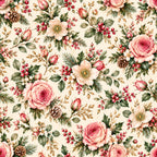 rose pink, cream, sage green, blush pink, burgundy red, gold, vintage floral, botanical, garden, roses, peonies, berries, pine cones, evergreen, traditional, elegant, romantic, cottage core, farmhouse, nature inspired, winter, christmas, holiday, spring, botanical print, dense floral, layered florals, timeless, classic, heirloom