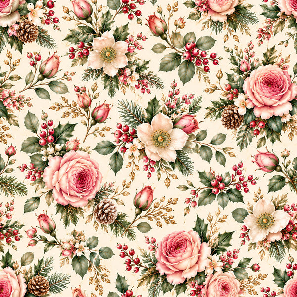 rose pink, cream, sage green, blush pink, burgundy red, gold, vintage floral, botanical, garden, roses, peonies, berries, pine cones, evergreen, traditional, elegant, romantic, cottage core, farmhouse, nature inspired, winter, christmas, holiday, spring, botanical print, dense floral, layered florals, timeless, classic, heirloom