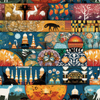 mosaic art,, fabric panel, geometric patterns, islamic architecture, ornamental designs, decorative motifs, orange, teal blue, burgundy, golden yellow, white silhouettes, animals, llamas, palm trees, architectural elements, domes, minarets, floral motifs, folk art style, cultural patterns, mediterranean colors, artistic blocks, patchwork design