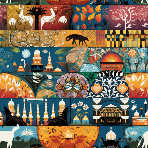 mosaic art,, fabric panel, geometric patterns, islamic architecture, ornamental designs, decorative motifs, orange, teal blue, burgundy, golden yellow, white silhouettes, animals, llamas, palm trees, architectural elements, domes, minarets, floral motifs, folk art style, cultural patterns, mediterranean colors, artistic blocks, patchwork design