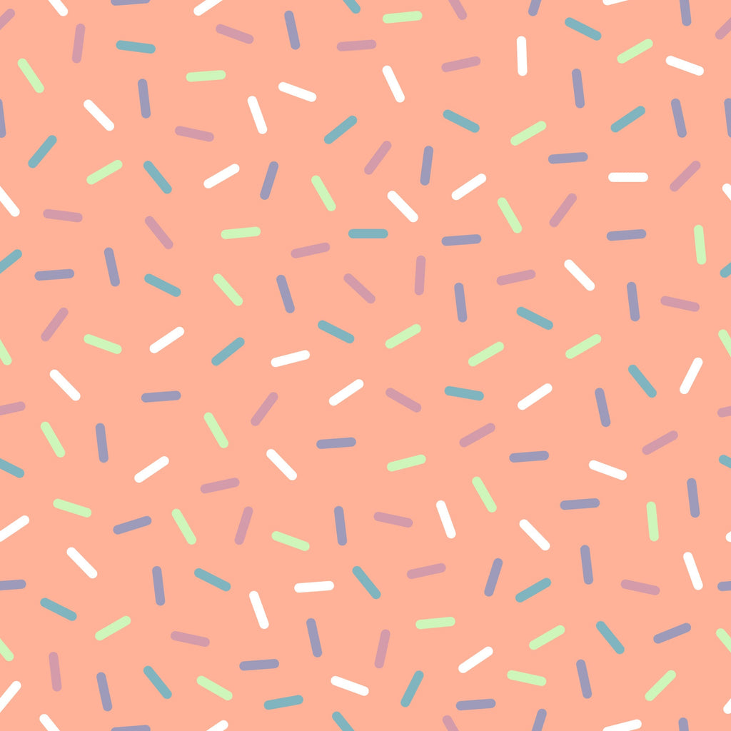 coral background, rainbow sprinkles, multicolored confetti, scattered pattern, white sprinkles, blue sprinkles, green sprinkles, purple sprinkles, teal accents, random placement, fun design, playful pattern,, fabric panel, sweet theme, candy inspired, celebration motif, cheerful mood, crafting material
