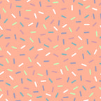 coral background, rainbow sprinkles, multicolored confetti, scattered pattern, white sprinkles, blue sprinkles, green sprinkles, purple sprinkles, teal accents, random placement, fun design, playful pattern,, fabric panel, sweet theme, candy inspired, celebration motif, cheerful mood, crafting material