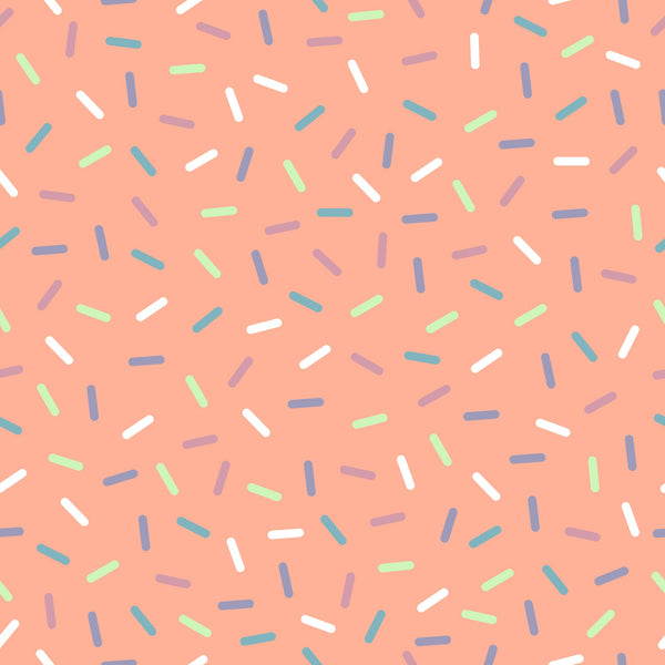 coral background, rainbow sprinkles, multicolored confetti, scattered pattern, white sprinkles, blue sprinkles, green sprinkles, purple sprinkles, teal accents, random placement, fun design, playful pattern,, fabric panel, sweet theme, candy inspired, celebration motif, cheerful mood, crafting material