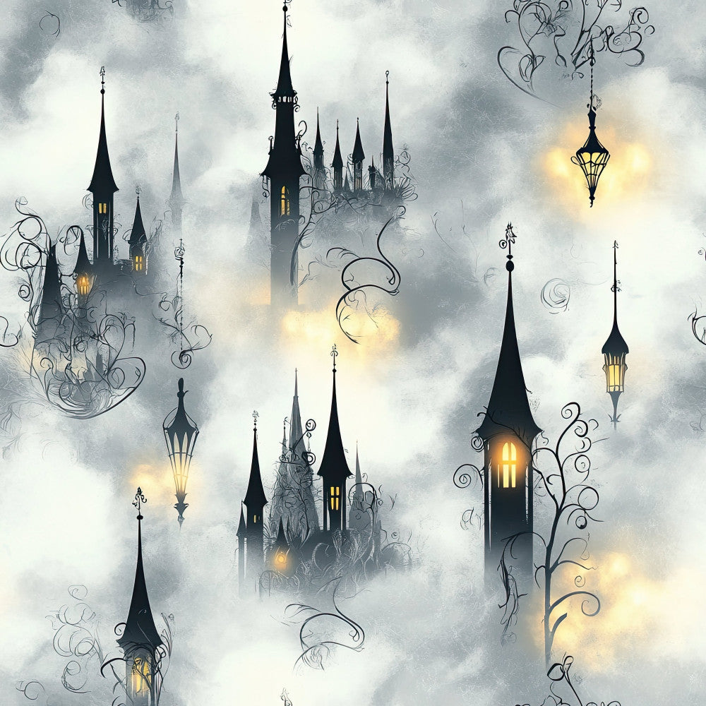 castle, towers, spires, magical, fantasy, fairy tale, whimsical, enchanted, mystical, gothic, dark gray, charcoal, cream, ivory, golden yellow, ornate, elegant, decorative swirls, lanterns, glowing windows, storybook, dreamy, misty, cloudy, vintage, steampunk, celestial, nighttime, magical kingdom, nursery