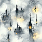 castle, towers, spires, magical, fantasy, fairy tale, whimsical, enchanted, mystical, gothic, dark gray, charcoal, cream, ivory, golden yellow, ornate, elegant, decorative swirls, lanterns, glowing windows, storybook, dreamy, misty, cloudy, vintage, steampunk, celestial, nighttime, magical kingdom, nursery