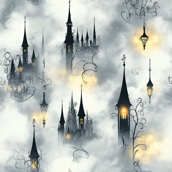 castle, towers, spires, magical, fantasy, fairy tale, whimsical, enchanted, mystical, gothic, dark gray, charcoal, cream, ivory, golden yellow, ornate, elegant, decorative swirls, lanterns, glowing windows, storybook, dreamy, misty, cloudy, vintage, steampunk, celestial, nighttime, magical kingdom, nursery