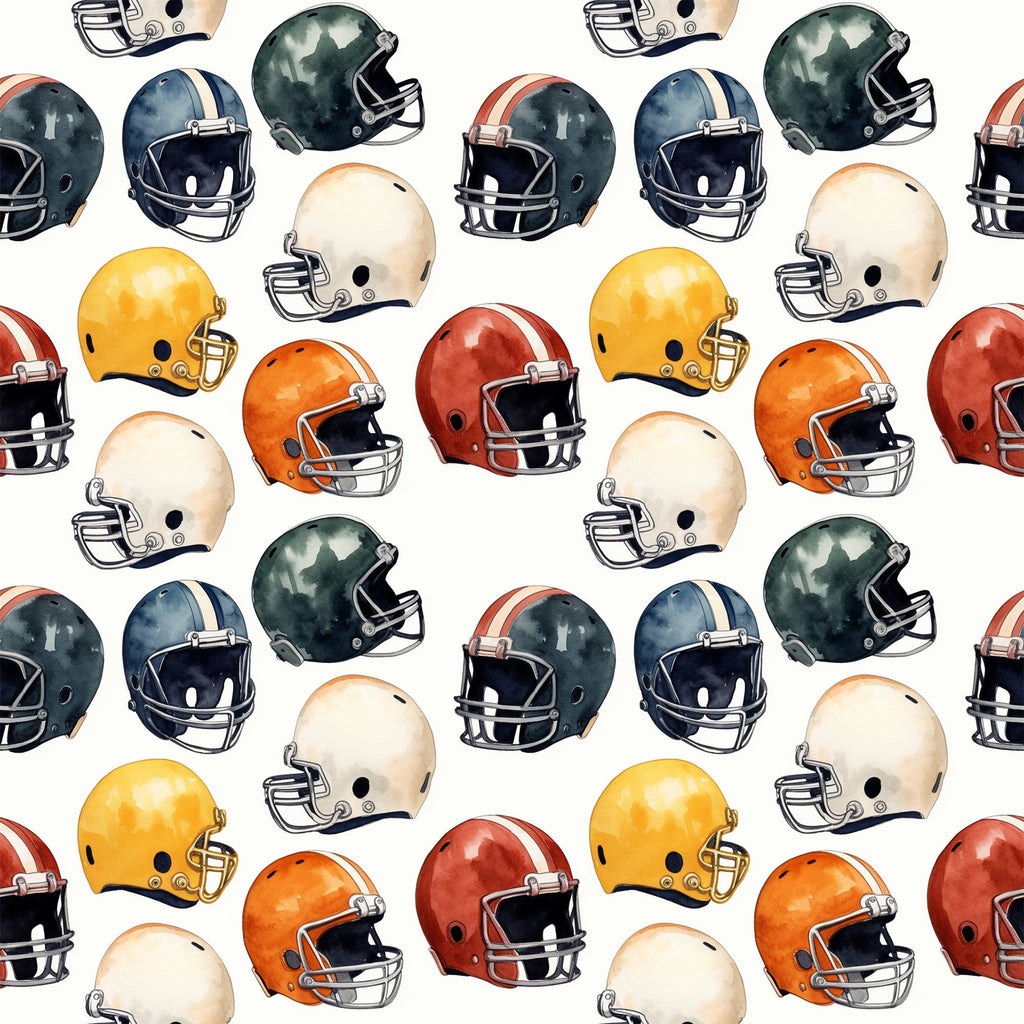 watercolor, football helmets, sports pattern, orange, yellow, green, navy blue, red, cream, repeating design, athletic theme,, fabric panel, sports motif, helmet collection, colorful arrangement, scattered layout, watercolor style, football gear, sports equipment