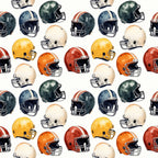 watercolor, football helmets, sports pattern, orange, yellow, green, navy blue, red, cream, repeating design, athletic theme,, fabric panel, sports motif, helmet collection, colorful arrangement, scattered layout, watercolor style, football gear, sports equipment