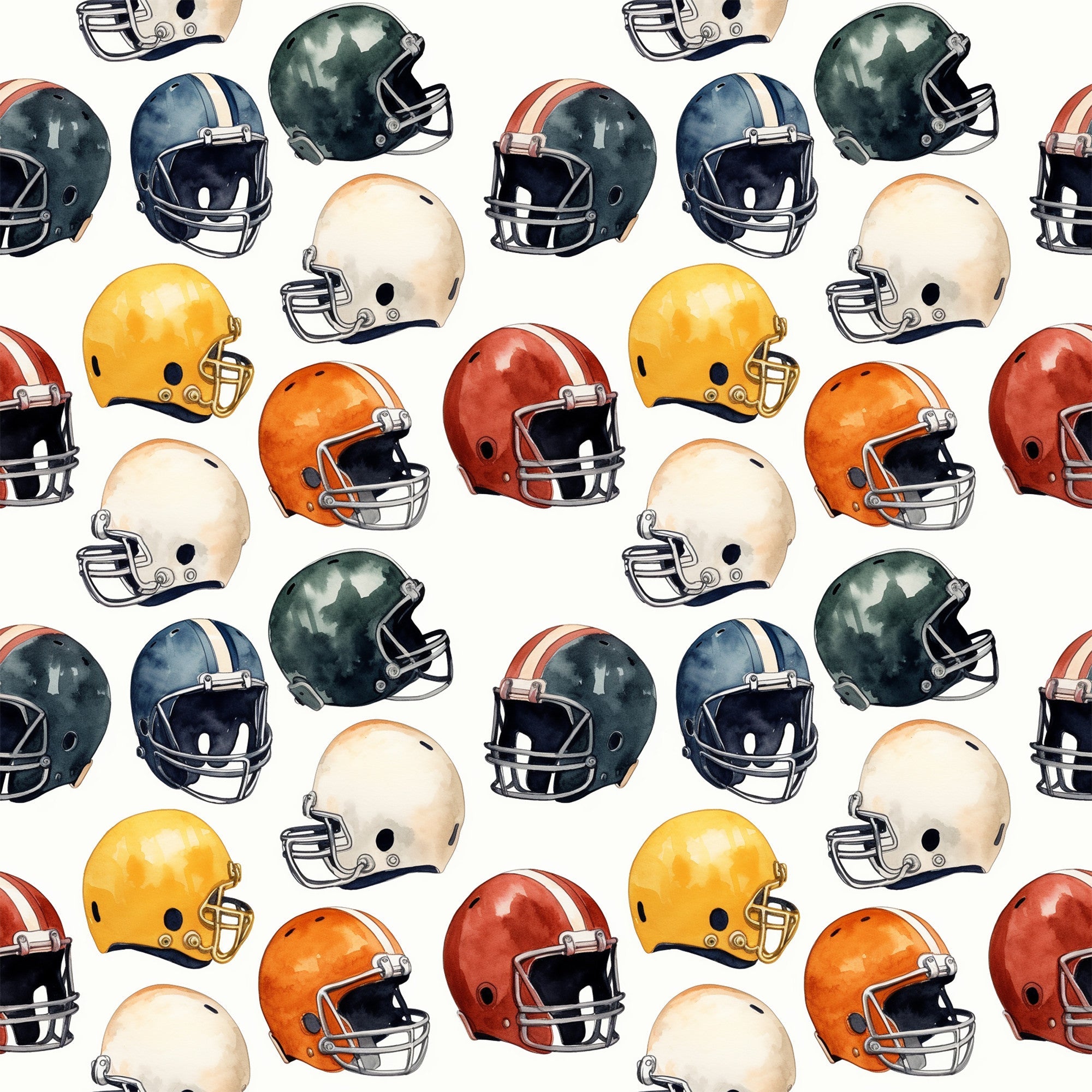 watercolor, football helmets, sports pattern, orange, yellow, green, navy blue, red, cream, repeating design, athletic theme,, fabric panel, sports motif, helmet collection, colorful arrangement, scattered layout, watercolor style, football gear, sports equipment