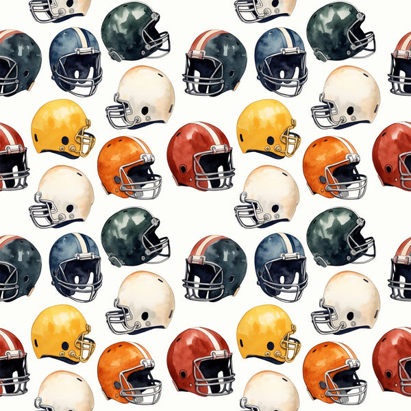 watercolor, football helmets, sports pattern, orange, yellow, green, navy blue, red, cream, repeating design, athletic theme,, fabric panel, sports motif, helmet collection, colorful arrangement, scattered layout, watercolor style, football gear, sports equipment