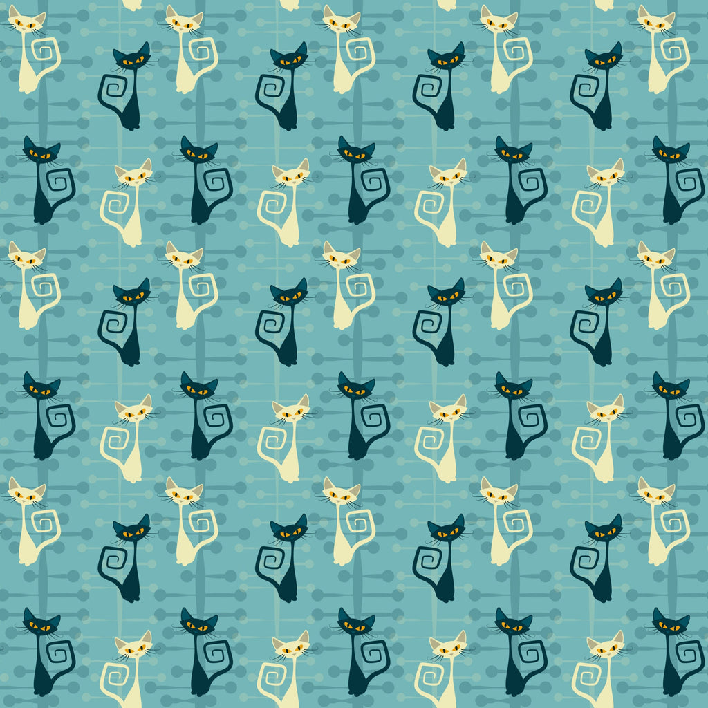 atomic cats, mid-century modern, stylized cats, turquoise blue, cream cats, black cats, yellow eyes, spiral tails, retro pattern, geometric design,, fabric panel, modern art style, sleek silhouettes, alternating colors, minimalist cats, atomic age, contemporary quilting, crafting fabric, repeated motif