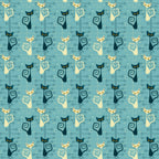 atomic cats, mid-century modern, stylized cats, turquoise blue, cream cats, black cats, yellow eyes, spiral tails, retro pattern, geometric design,, fabric panel, modern art style, sleek silhouettes, alternating colors, minimalist cats, atomic age, contemporary quilting, crafting fabric, repeated motif