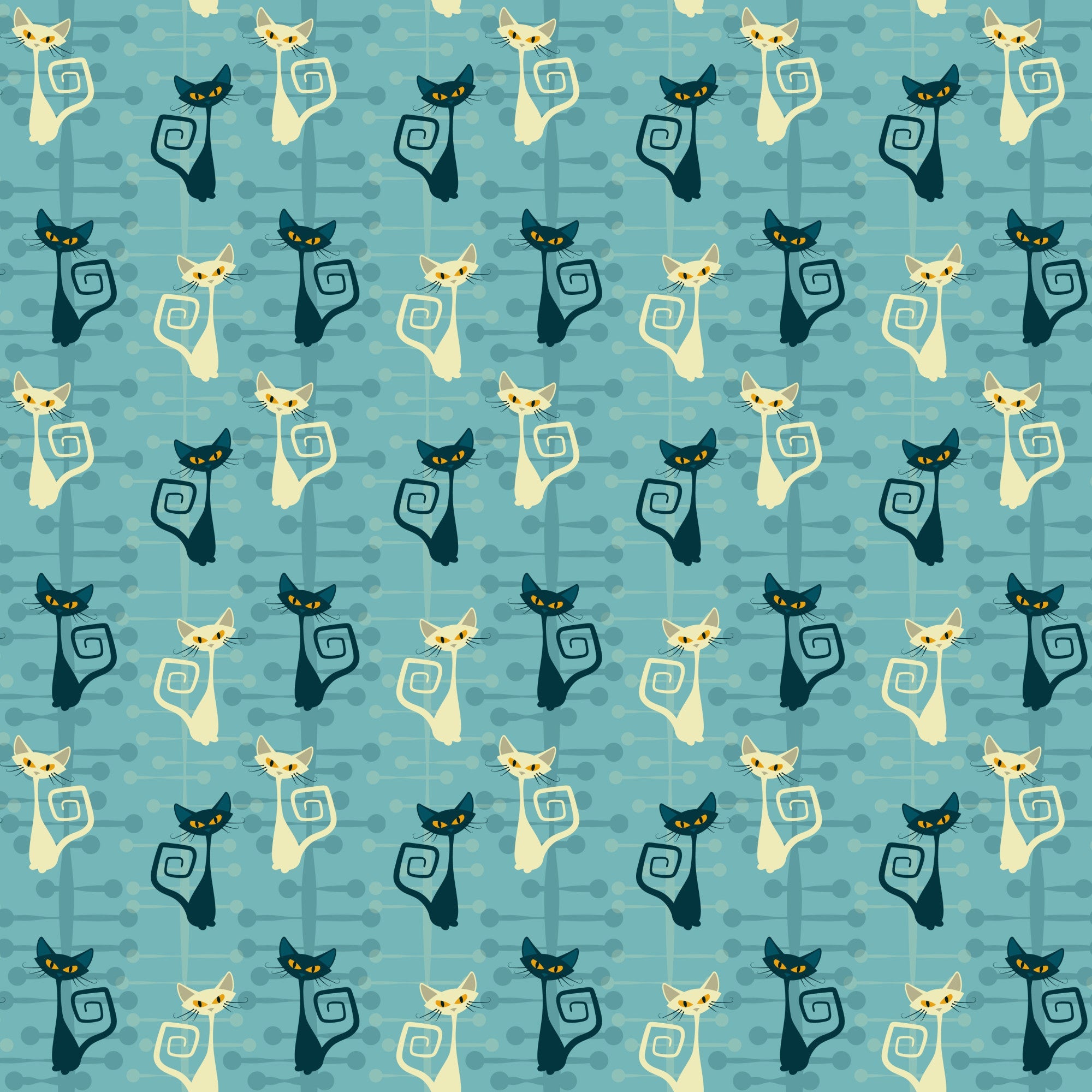 atomic cats, mid-century modern, stylized cats, turquoise blue, cream cats, black cats, yellow eyes, spiral tails, retro pattern, geometric design,, fabric panel, modern art style, sleek silhouettes, alternating colors, minimalist cats, atomic age, contemporary quilting, crafting fabric, repeated motif
